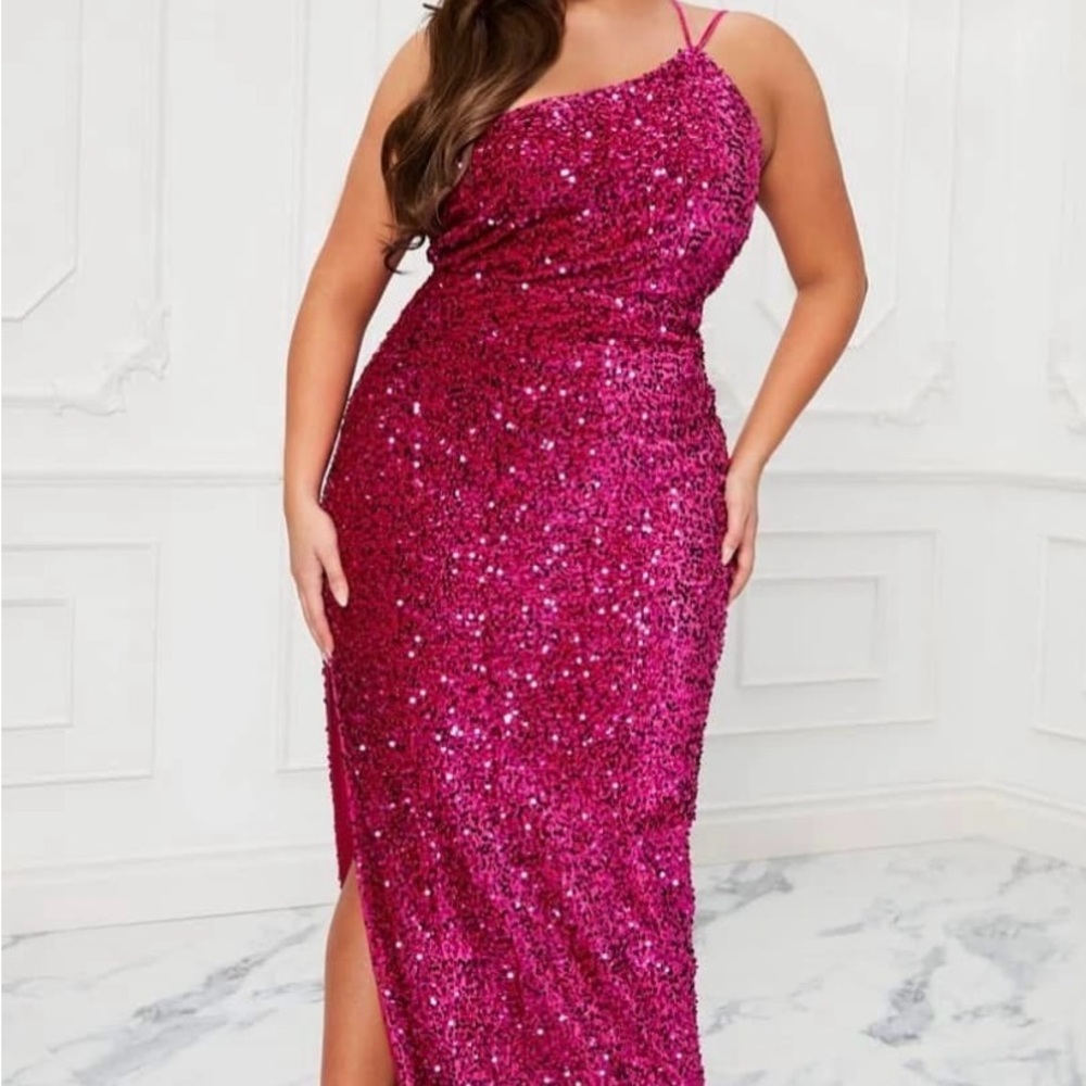 Fashion Nova One Shoulder Fuchsia Sequin Dress